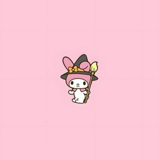 a pink background with an animal wearing a hat and holding a stick in it's hand My Melody Halloween My Melody On The Phone, Spooky Sanrio, My Melody Fall, My Melody Halloween, pink