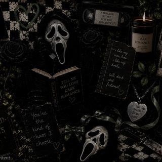 a collection of halloween themed items including candles, books and masks are arranged on a wall Halloween Spooky Grunge Custom Grunge Macbook, black