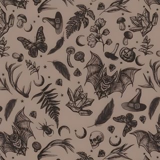 an old - fashioned pattern with many different things on it Halloween Botanical Spooky Scrapbook Paper, Witchy Summer Background, Repeat Print Pattern, gray