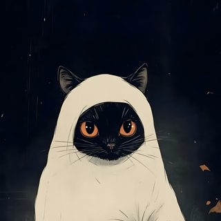 a black and white cat in a ghost costume holding a jack - o'- lantern Halloween Cat Phone Halloween Cat Aesthetic, Halloween Black Cat, Black Cat Halloween, Cat Halloween,