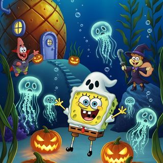 spongebob and his pumpkins under the sea with other characters in the background Spongebob Squarepants Halloween Fall Spongebob, Halloween Spongebob, Spooky Spongebob, dark slate gray