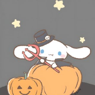 a dog is sitting on top of two pumpkins in front of the moon and stars Kawaii Cinnamoroll Halloween Cinnamoroll Fall, Cinnamoroll Halloween, Cinnamoroll In A Pumpkin, gray
