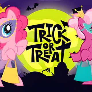 two pinkie ponies standing next to each other in front of a full moon My Little Pony Halloween Applejack Halloween, My Little Pony Halloween Background, Rarity Halloween, dim gray