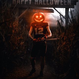 a man holding a baseball bat in front of a sign that says happy halloween on it Cool Halloween Football Halloween Football Banner Ideas, Halloween Themed Football Posters, Halloween Football Posters, black