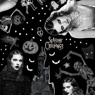 black and white collage with halloween images in the background, including two women dressed as witches Halloween Taylor Swift Taylor Swift Halloween Aesthetic, Halloween Taylor Swift, Taylor Swift Halloween, black