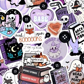 many different stickers are arranged together on the wall in this image, including ghost and books Halloween Kindle silver