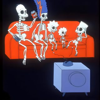 the skeleton family is sitting on an orange couch Simpsons Halloween 4k Halloween Simpsons, The Simpsons Halloween, Simpsons Halloween, Evil Disney, black
