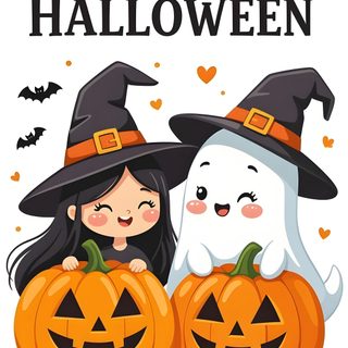 two kids dressed up as witches and pumpkins with the words happy halloween on them Happy Halloween 2025 Halloween Day Wishes, Happy Halloween Wishes, Cute Happy Halloween Images, white smoke