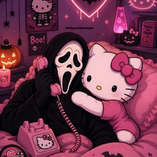 a hello kitty character laying in bed with a ghost Pink Hello Kitty Halloween Pink Horror, Hello Kitty Art, Iphone Cute, Iphone, Hello Kitty, Kitty, brown