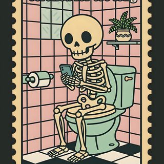 a postage stamp with a skeleton sitting on a toilet and looking at a cell phone Halloween Bathroom Funny Bathroom Signs, Scary Halloween Decorations, Witchcraft Spell Books, dark gray