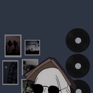 an image of a ghost with sunglasses on his head and pictures above him in the background Halloween 2023 Edgy, Cool Art, Anime Scenery, Halloween, Cute Simple, Halloween Cute, dark slate gray