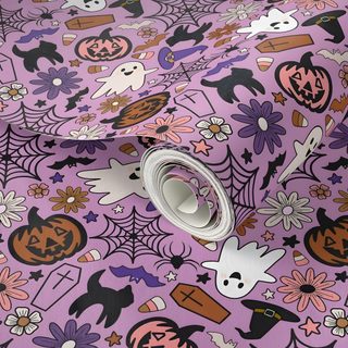 a purple background with halloween decorations and pumpkins Halloween Bats And Pumpkins - Lilac Halloween Jack O Lanterns, Halloween Jack, Retro Modern, rosy brown