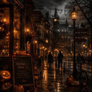 people walking down the street at night with lights on and pumpkins in the foreground Halloween City black