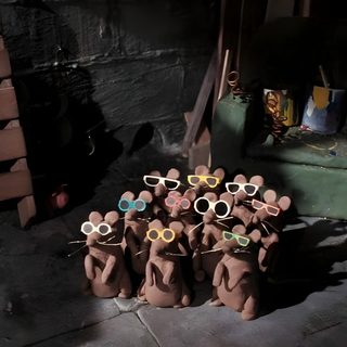 a group of little brown bears wearing sunglasses and standing next to each other in front of a chair Wallace And Gromit Halloween Background Tattoos, black