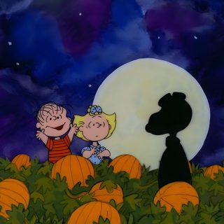 two children are standing in the middle of a field with pumpkins and moon behind them Charlie Brown Halloween Laptop Top 10 Halloween Movies, Charlie Brown Cartoon, Its The Great Pumpkin Charlie Brown, dark slate gray