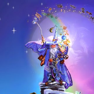 a wizard standing on top of a rock in the middle of a night time scene Merlin Wizard Halloween Rainbow Purple Merlin Wizard Halloween Rainbow Purple, Merlin The Wizard Microsoft, Wizard Birthday Gif, slate blue