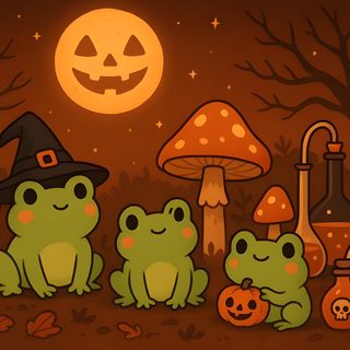 three green frogs are sitting in front of halloween decorations and pumpkins with a full moon behind them Frog Halloween Kawaii Frog Pumpkin Carving, Frog Halloween, Halloween Frog Gif, Frog In Pumpkin, maroon