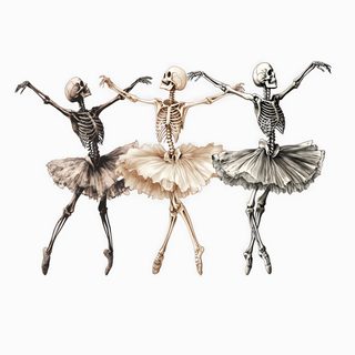 three skeleton dancers are dancing together with their arms in the air and one is wearing a tutu skirt Halloween Ballerina Dancing Skeleton Art, Ballerina Skeleton Tattoo, Ballet Halloween, white smoke