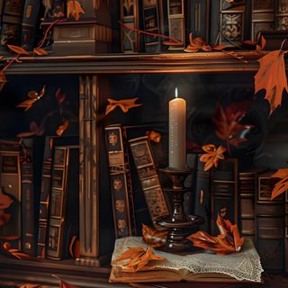 a lit candle sitting on top of a pile of books next to a book shelf filled with books Iphone Halloween Book Fall Book Aesthetic, Fall And Books, Retro Fall Aesthetic, Fall Book Iphone, black