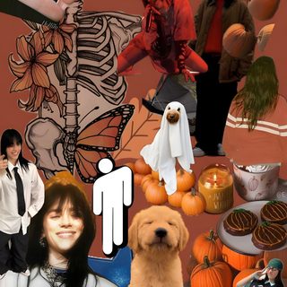 a collage of people, pumpkins and other halloween related items are featured in this image Billie Eilish Halloween Billie Eilish Autumn Aesthetic, Billie Eilish Pumpkin Painting, Billie Eilish Fall, sienna