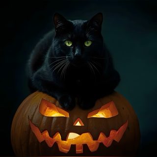 a black cat sitting on top of a carved pumpkin with glowing eyes and mouth open Generic Halloween Cat Desktop Halloween Zoom Background Cat, Black Cat And Pumpkin Hd, Halloween Animal Desktop Background,