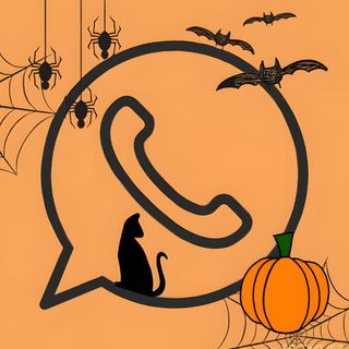a cat sitting in front of a phone with bats and pumpkins on the background Halloween App Icons Halloween Icons Aesthetic, Whatsapp Halloween Logo, Halloween Whatsapp, sandy brown