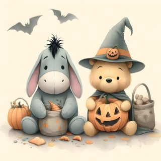 two stuffed animals sitting next to each other with pumpkins in front of them and bats on the ground Eeyore Halloween Cute Winnie The Pooh Fall, Halloween Winnie The Pooh, Eeyore Halloween, antique white