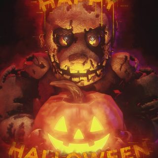 a creepy teddy bear holding a pumpkin with the words happy halloween on it Halloween Fnaf Fnaf Halloween Characters, Halloween Bonnie Fnaf 4, Halloween Bonnie Fnaf, saddle brown