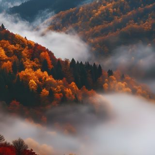 the mountains are covered in fog and trees with orange leaves on them, as seen from above Halloween Mountain Free Fall, November, Autumn Phone, October, Screen Savers, Fall Background, dim gray