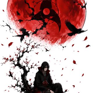 a person sitting on top of a tree in front of a red moon with birds flying around Itachi Uchiha Halloween Madara, Harley Quinn Art, Uchiha Clan, Anime Akatsuki, Scrapbook Background, linen