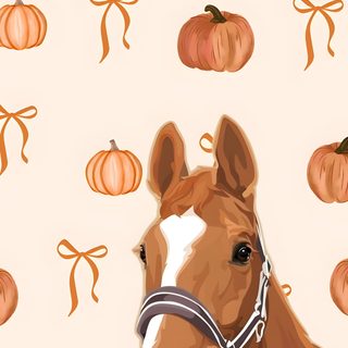 a brown horse standing in front of pumpkins on a white background with orange ribbons Cute Halloween Horse Horse Background, Halloween Backgrounds, Western Iphone, Cute Horse Pictures, linen