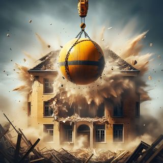 an image of a ball being lifted by a crane in front of a destroyed house Wrecking Ball Halloween 4k Wrecking Ball Vehicle, Demolition Ball, Wrecking Ball Crane, gray