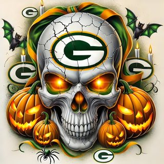 a green bay packers skull with candles and pumpkins on it's face is shown Packers Halloween Green Bay Packers Pictures, Green Bay Packers Mascot, Green Bay Packers Art, dark khaki