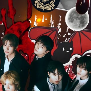 the group is posing together in front of an image with blood dripping from its mouth Enhypen Halloween dark slate gray