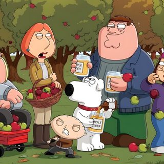 the family is standing in an apple orchard with their dog, and two people are holding apples Family Guy Halloween Family Guy Fall Pose Meg, Family Guy Photos, Family Guy Thanksgiving, dark olive green
