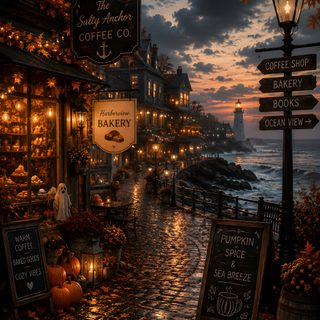 a cobblestone street at night with pumpkins and signs Halloween City black