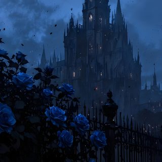 blue roses in front of a castle at night Blue Halloween Iphone Royalty, Blue Aesthetic Vintage, Dark Blue Aesthetic Iphone, Fantasy Blue,