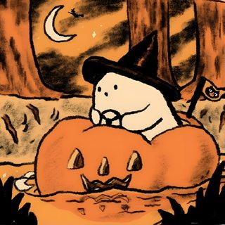 a drawing of a dog wearing a witches hat and sitting on a pumpkin in the ground Halloween Pfp Fall Cartoon Aesthetic, Notion Halloween, Fall Halloween Cartoon, Fall Cartoon Art, peru