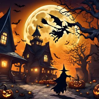 a halloween scene with pumpkins and a witch's house in the background at night Halloween Town 4k Halloween Landscape, Halloween Horror Nights, Halloween Pc, dark slate gray