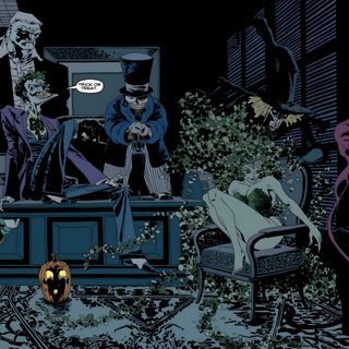 an image of a group of people in the dark with one person on a bed The Long Halloween Long Halloween Villains, Batman The Long Halloween Villains, Long Halloween Joker, black