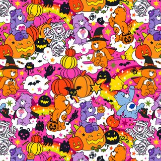 a colorful background with many different cartoon characters Care Bears Halloween Cute Retro Halloween, Scare Bears, Y2k Halloween Background, coral