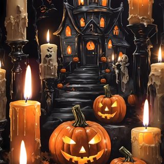 halloween pumpkins and candles in front of a house Halloween Live Halloween Walpappers, Halloween Screensavers, Beautiful Halloween, dark slate gray