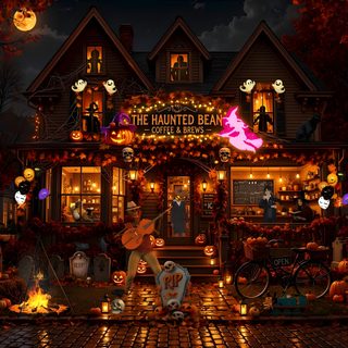 a house decorated for halloween with pumpkins and decorations Halloween Village 4k black