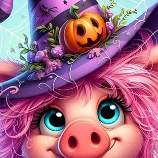 a cartoon pig wearing a witches hat with a spider hanging from it's side Halloween Pig Cute Halloween Memes, Halloween Coffee Humor Memes, Happy Halloween Cat Meme, rosy brown