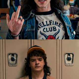 two different pictures one with a man and the other with a woman in front of lockers Matching Stranger Things And Halloween Characters Edy Stranger Things, Tokio Hotel, Pastel Pink Aesthetic, dark olive green