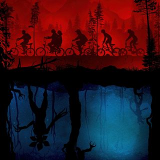 the silhouettes of people riding bikes in front of a red sky with trees and water Stranger Things Halloween Stranger Things, Tv Series, High Resolution Stranger Things Poster, Fangirl, black