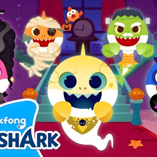 some cartoon characters are standing in front of a stage with shark heads on it's chest Baby Shark Halloween Pinkfong Halloween Zombie Sharks, Pinkfong Ghost Baby Shark, Baby Shark Halloween Super Simple Songs, dim gray