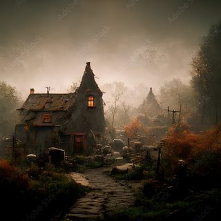 an old house in the middle of a foggy forest with sheep and trees around it Halloween Village For Pc Creepy Old House In The Woods, Ghostly House In Forest, Witch Village, dark slate gray