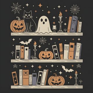 a book shelf filled with books and pumpkins on top of each other, surrounded by stars Halloween Library Phone, Halloween, dark slate gray