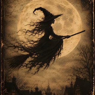 a painting of a witch flying in front of a full moon with her long hair blowing in the wind Vintage Halloween Witch Witchy Painting, Beautiful Witch, Witch Art, Favorite Holiday, dark olive green